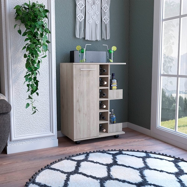 Bar Cart, Two External Shelves, Four Casters, Six Built-in Wine Rack, Single Door Cabinet Light Gray